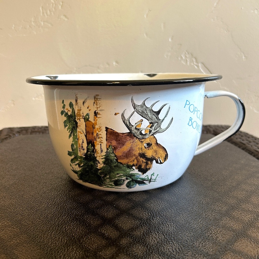Vintage Daugherty Studio Enamelware Handled Popcorn Bowl Moose/Birch Trees